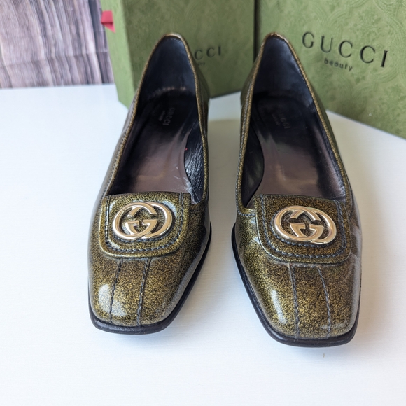 Gucci GG Logo Women's Shimmering Olive Loafers - Picture 1 of 13